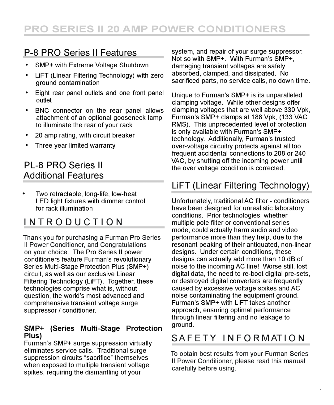 Furman Sound P-8 PRO II manual Pro SERIES II 20 amp Power ConditionerS, P-8 Pro Series II Features, I N T R O D U C T I O N 