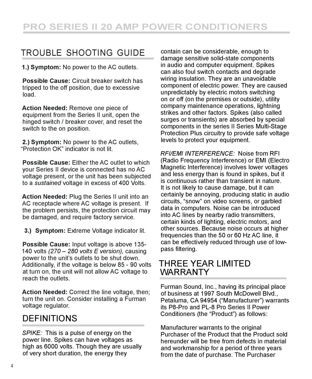 Furman Sound PL-8 PRO II, P-8 PRO II manual Troubl E Shooting Guide, Definitions, Three Year Limited Warranty 