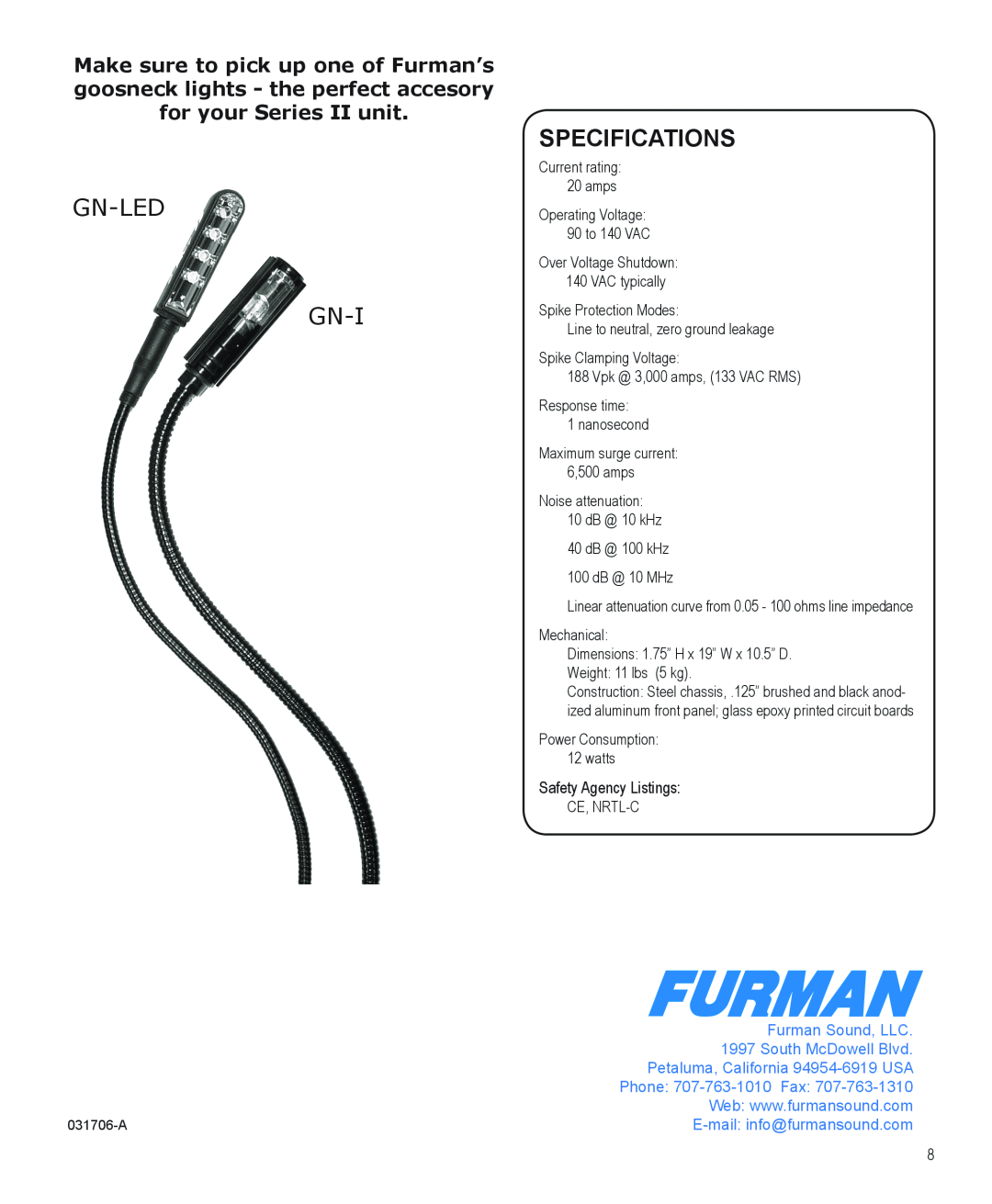 Furman Sound P-8 PRO II manual Gn-Led Gn-I, Specifications, Make sure to pick up one of Furman’s, for your Series II unit 