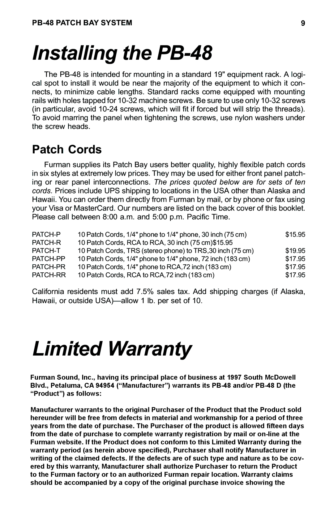 Furman Sound PB-48D manual 