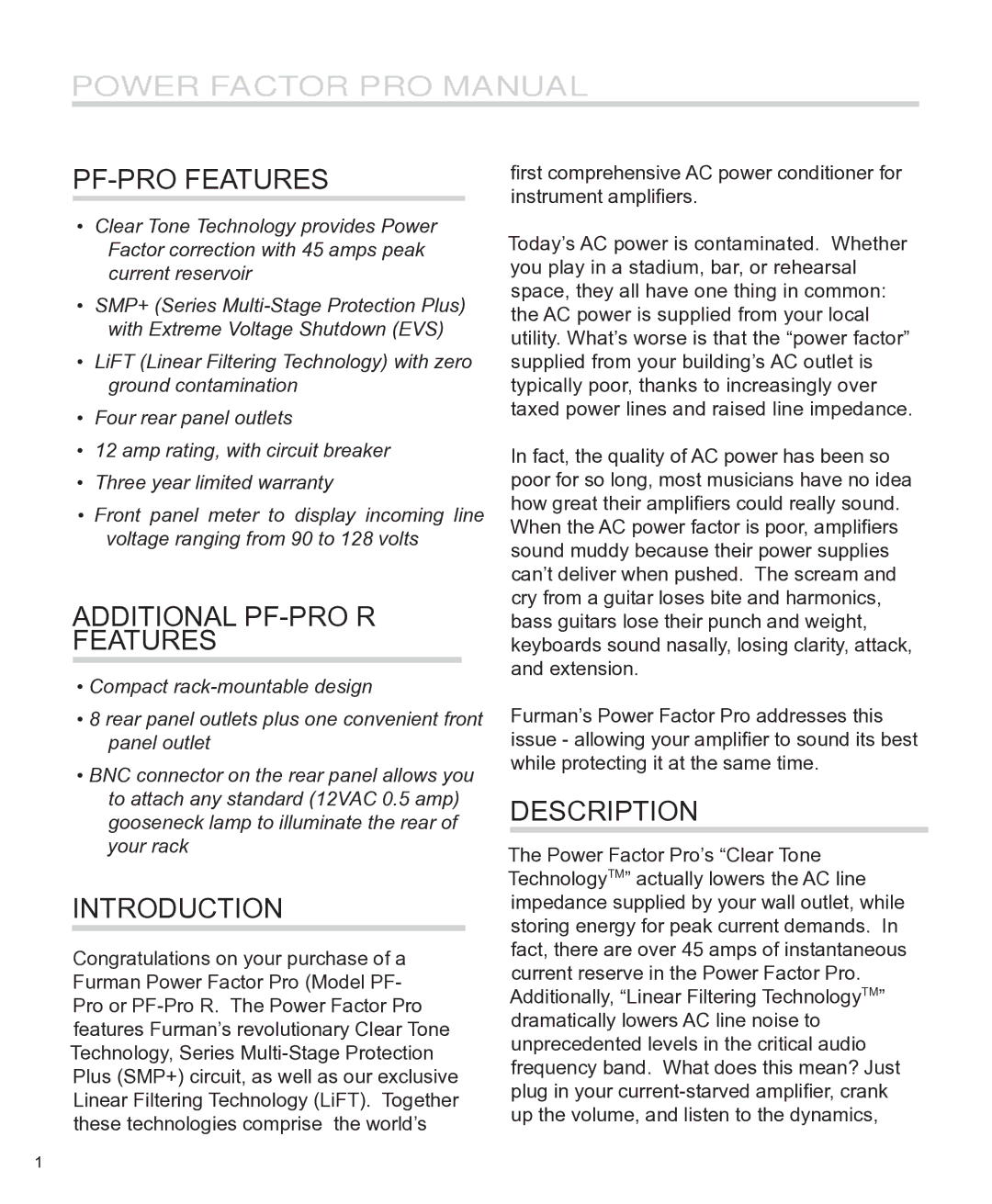 Furman Sound PF-Pro, PF-Pro R manual Pf-pro Features, Additional Pf-pro r Features, Introduction, Description 