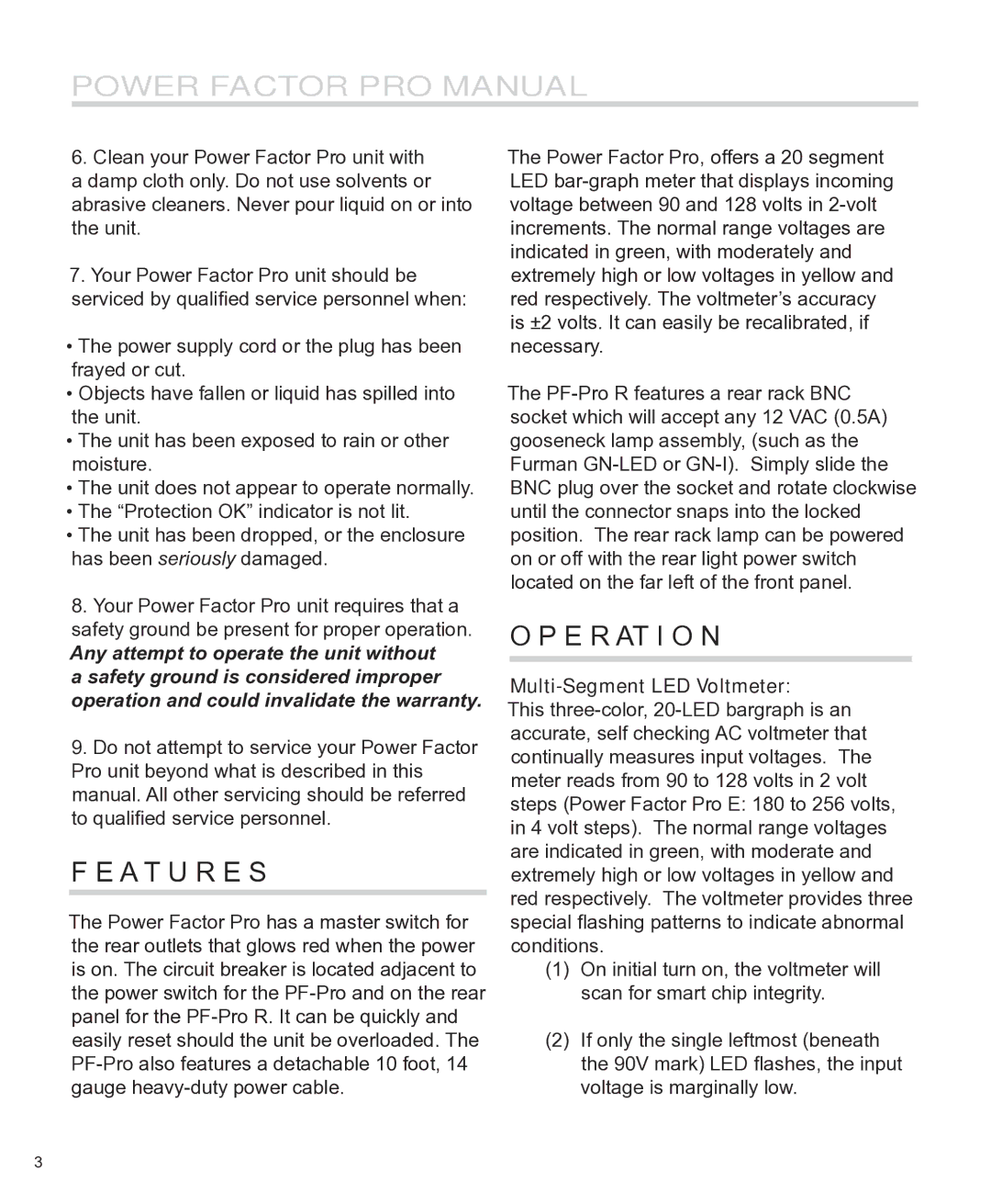 Furman Sound PF-Pro, PF-Pro R manual A T U R E S, E R At I O N, Multi-Segment LED Voltmeter 