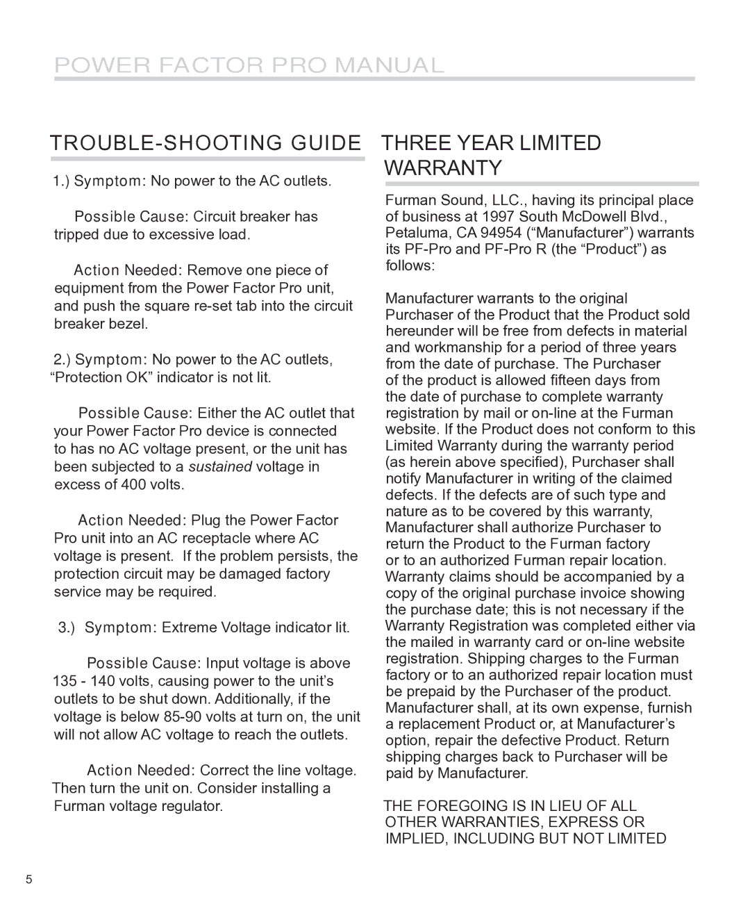 Furman Sound PF-Pro, PF-Pro R manual TROUBLE-SHOOTING Guide, Three Year Limited Warranty 