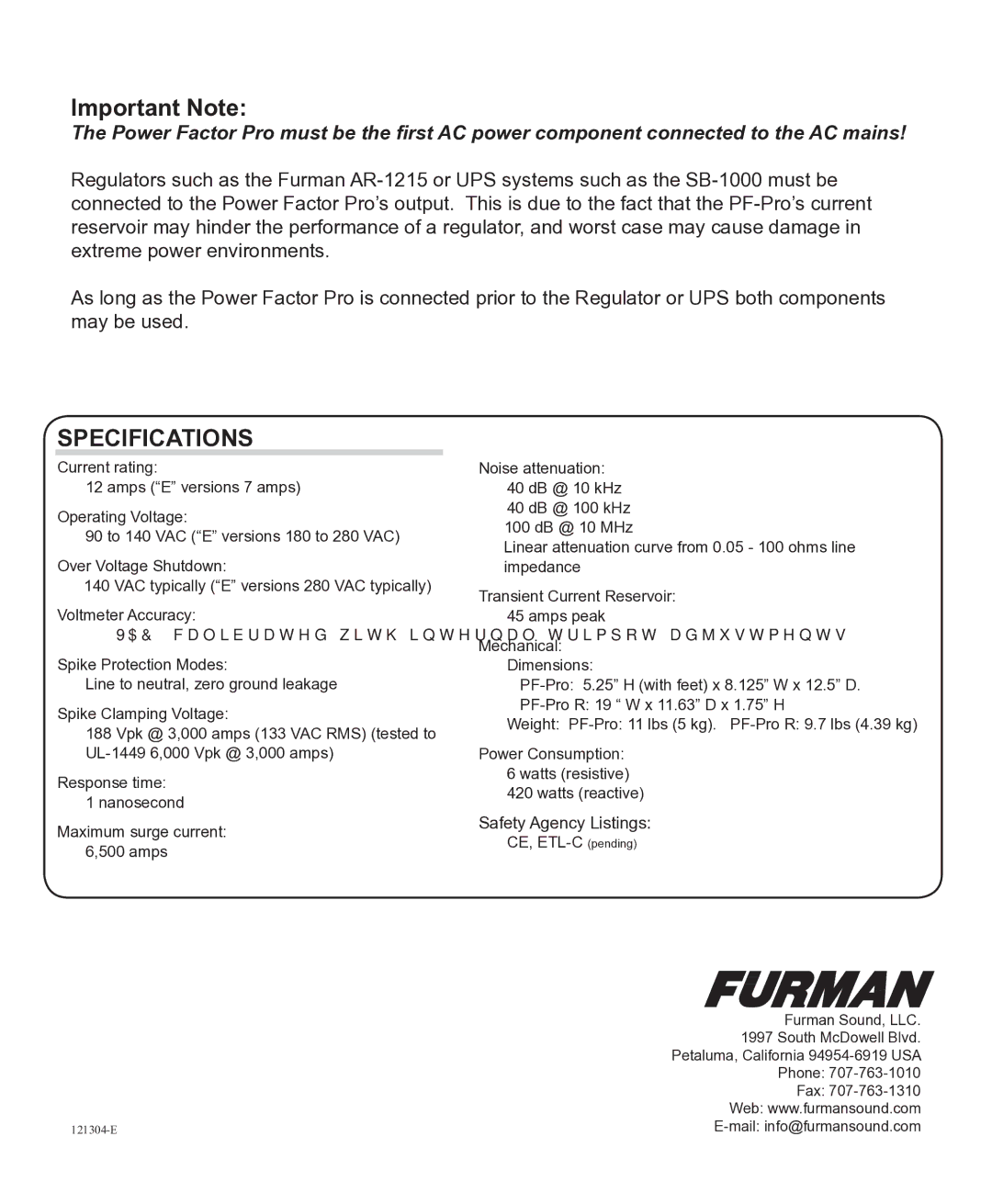 Furman Sound PF-Pro, PF-Pro R manual Specifications 