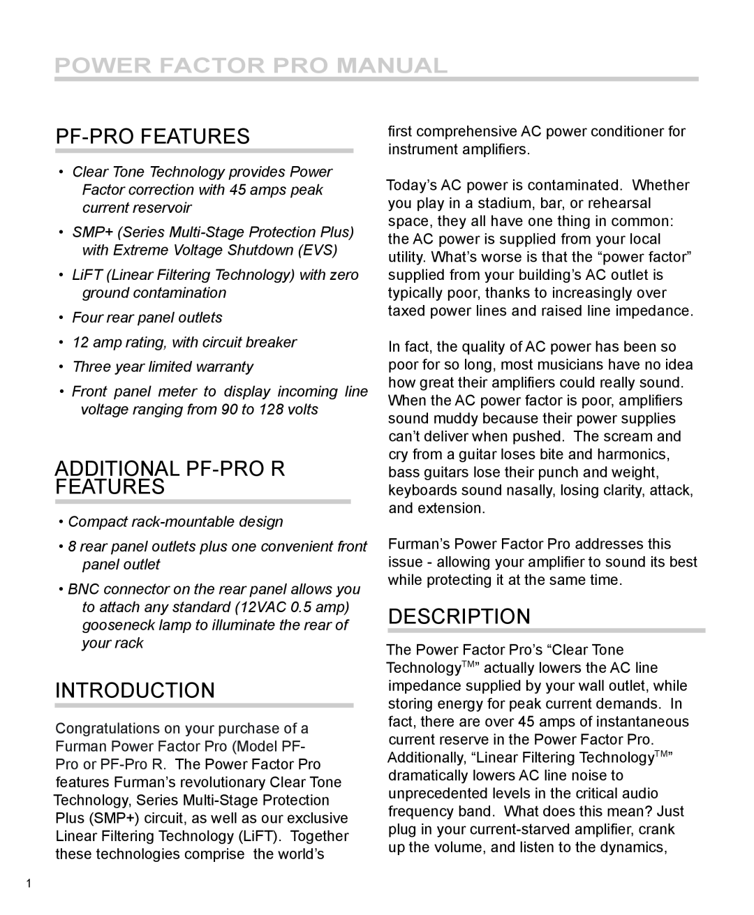 Furman Sound PF-Pro R Power Factor pro manual, Pf-pro Features, additional Pf-pro r Features, Introduction, Description 