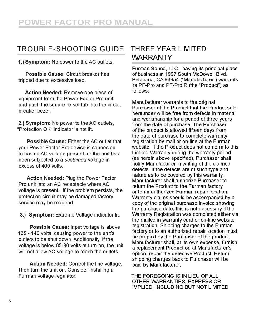 Furman Sound PF-Pro, PF-Pro R Trouble-Shooting Guide, Three Year Limited Warranty, Power Factor pro manual 