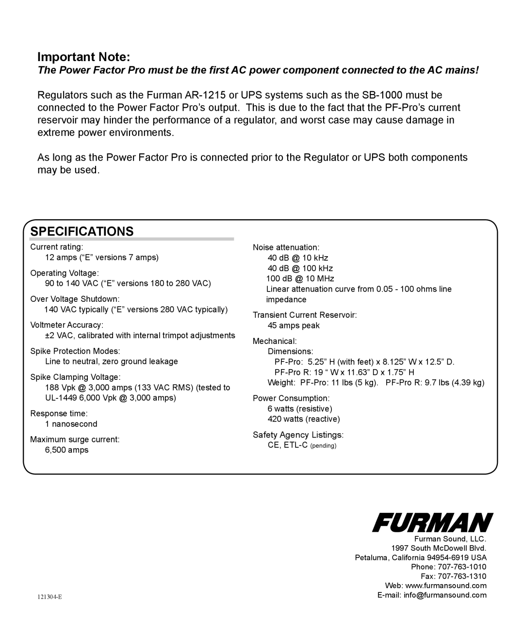 Furman Sound PF-Pro, PF-Pro R Power Factor pro manual, Important Note, Specifications 