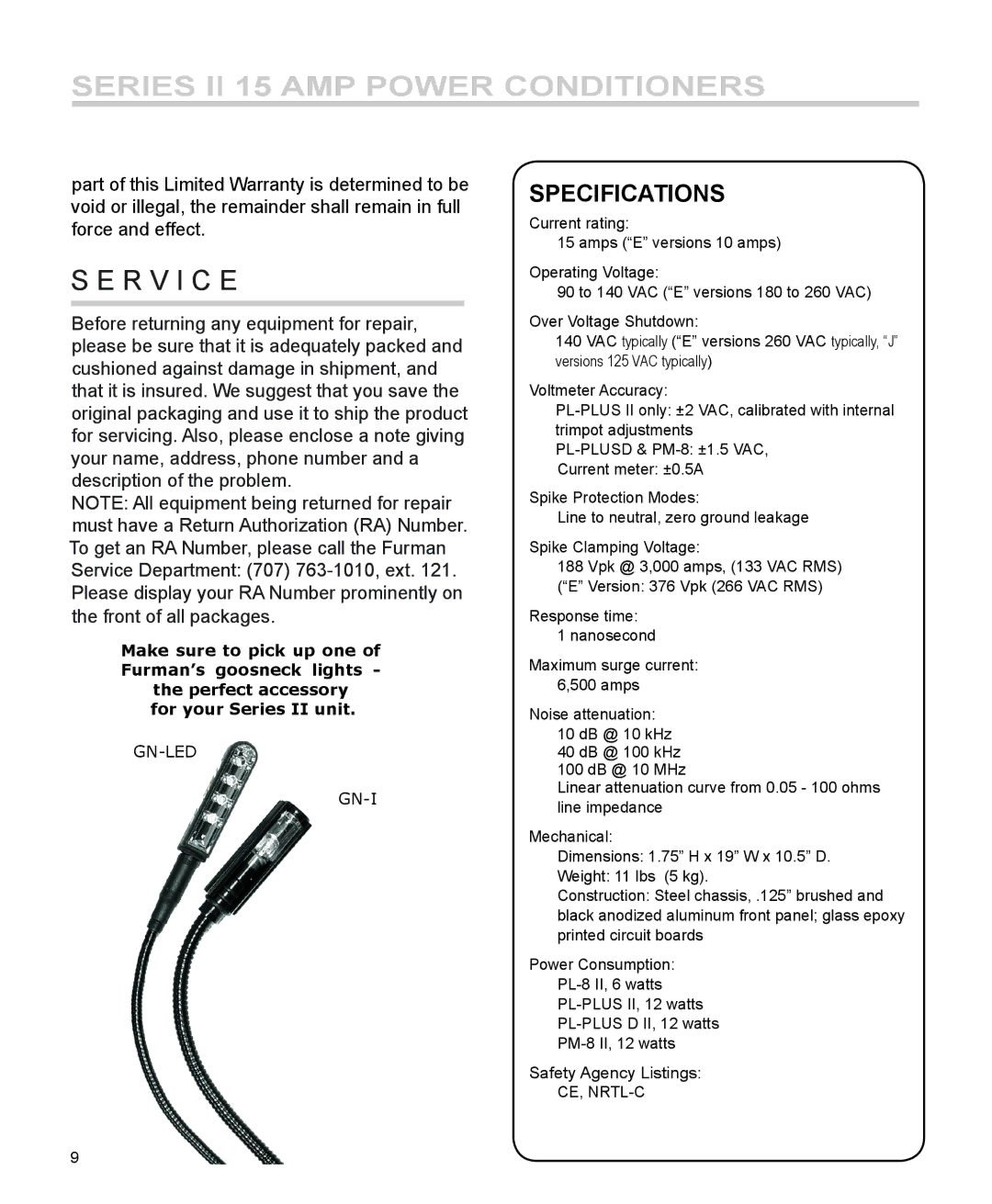 Furman Sound PL-PLUS D II, PL-8 II, PM-8 II, PL-PLUS II manual R V I C E, Specifications 