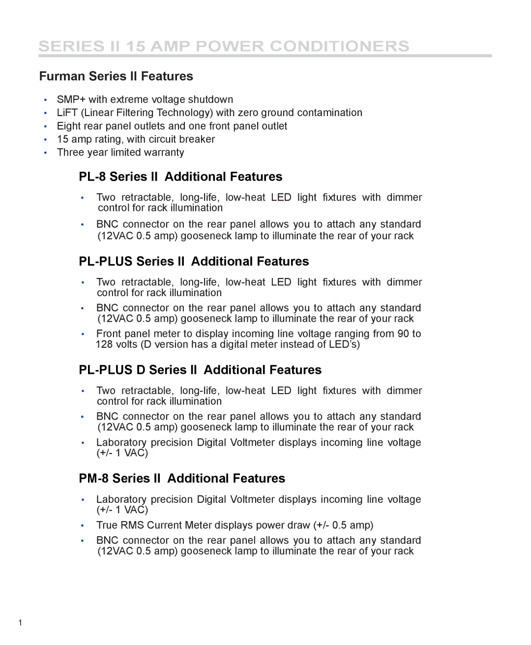 Furman Sound PL-PLUS D II, PL-8 II, PM-8 II, PL-PLUS II manual Furman Series II Features 