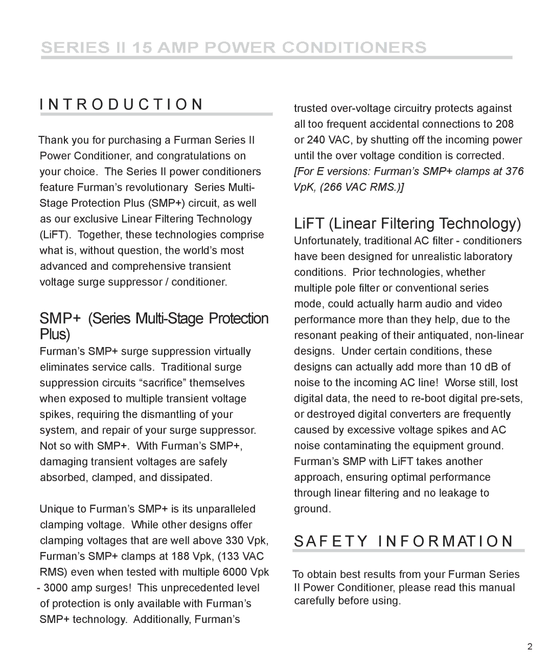 Furman Sound PL-PLUS II, PL-8 II, PM-8 II, PL-PLUS D II manual T R O D U C T I O N, F E T Y I N F O R M At I O N 