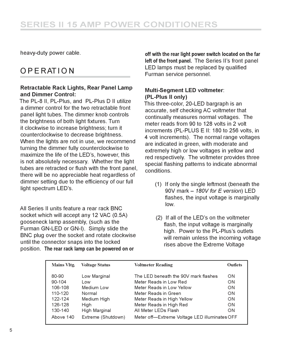 Furman Sound PL-PLUS D II, PL-8 II, PM-8 II manual E R At I O N, Retractable Rack Lights, Rear Panel Lamp and Dimmer Control 