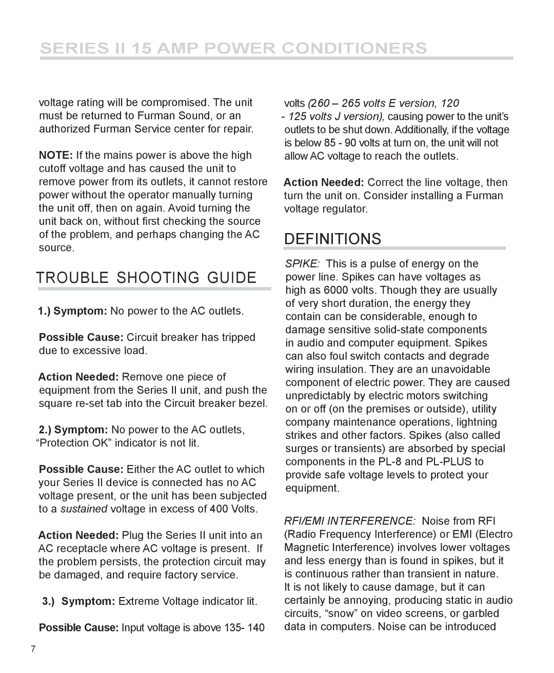 Furman Sound PL-8 II, PM-8 II, PL-PLUS D II, PL-PLUS II manual Troubl E Shooting Guide, Definitions 