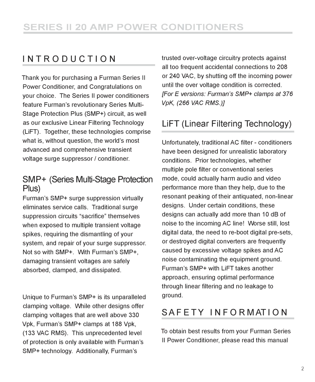 Furman Sound PL-PRO II, PM-PRO II, PL-PRO D II manual T R O D U C T I O N, F E T Y I N F O R M At I O N 