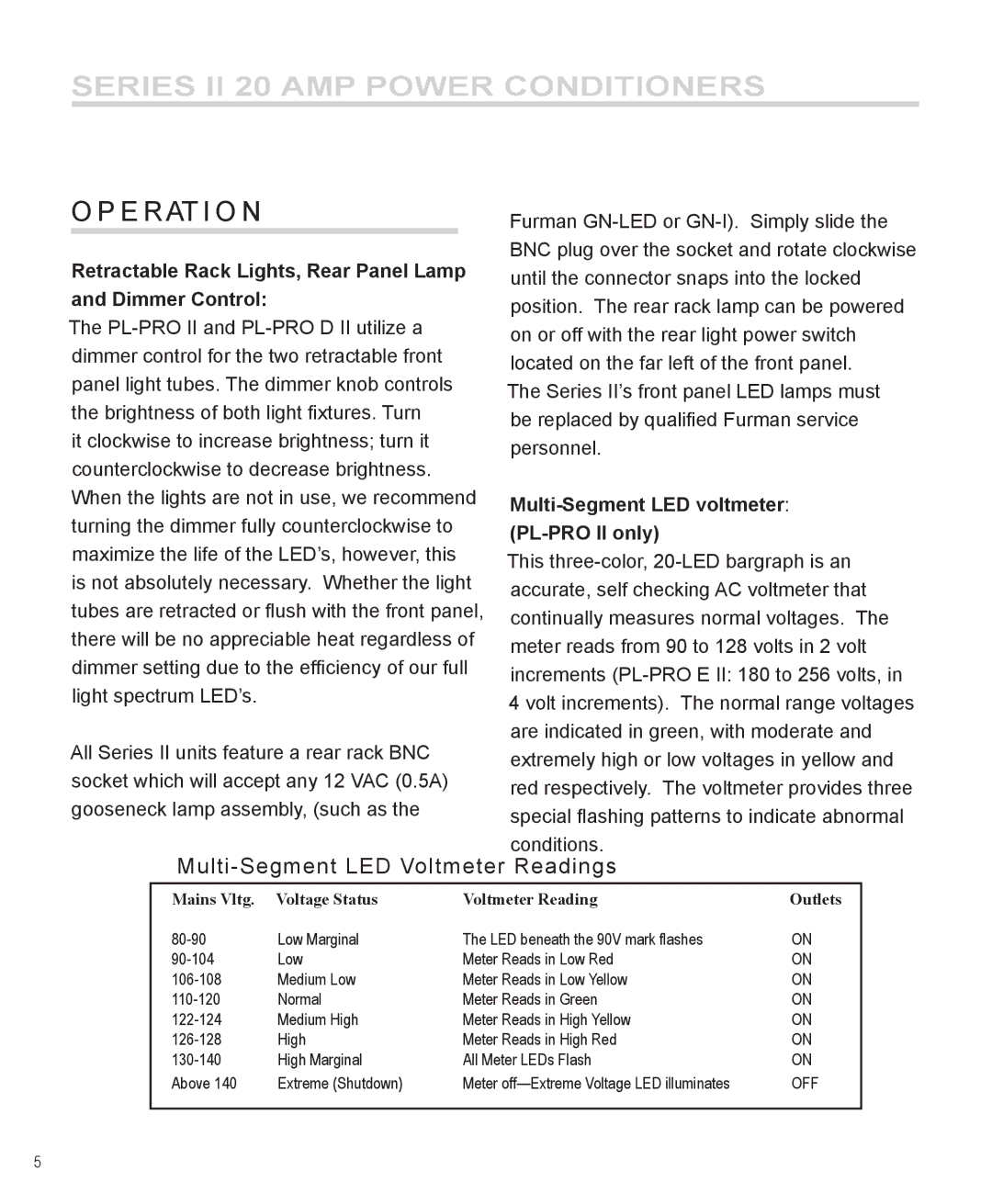 Furman Sound PL-PRO II, PM-PRO II, PL-PRO D II manual E R At I O N, Retractable Rack Lights, Rear Panel Lamp Dimmer Control 