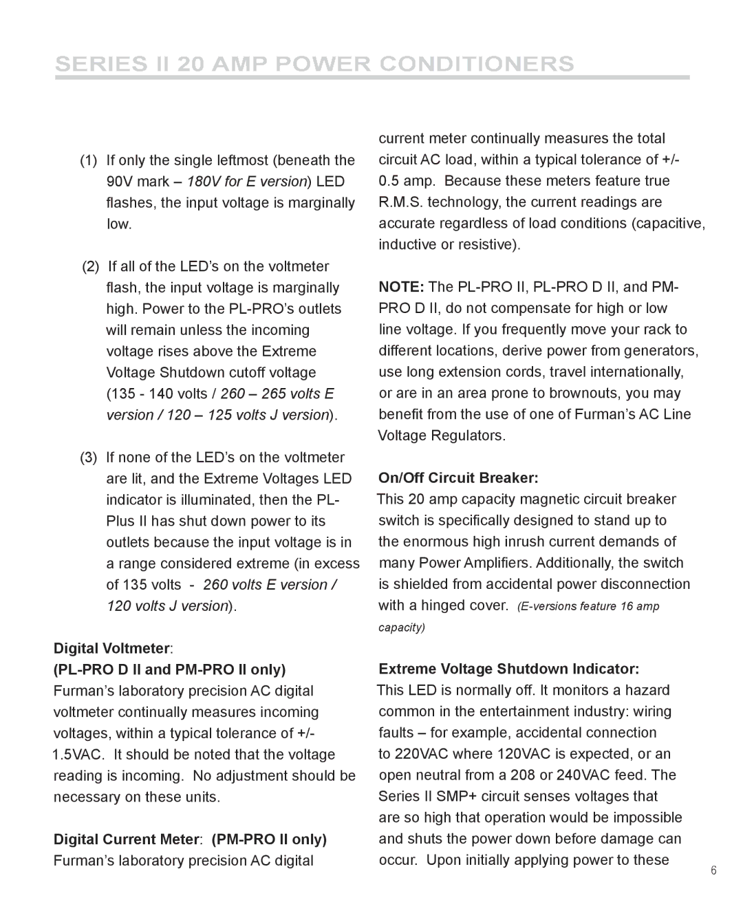 Furman Sound PL-PRO II manual Digital Voltmeter PL-PRO D II and PM-PRO II only, Digital Current Meter PM-PRO II only 