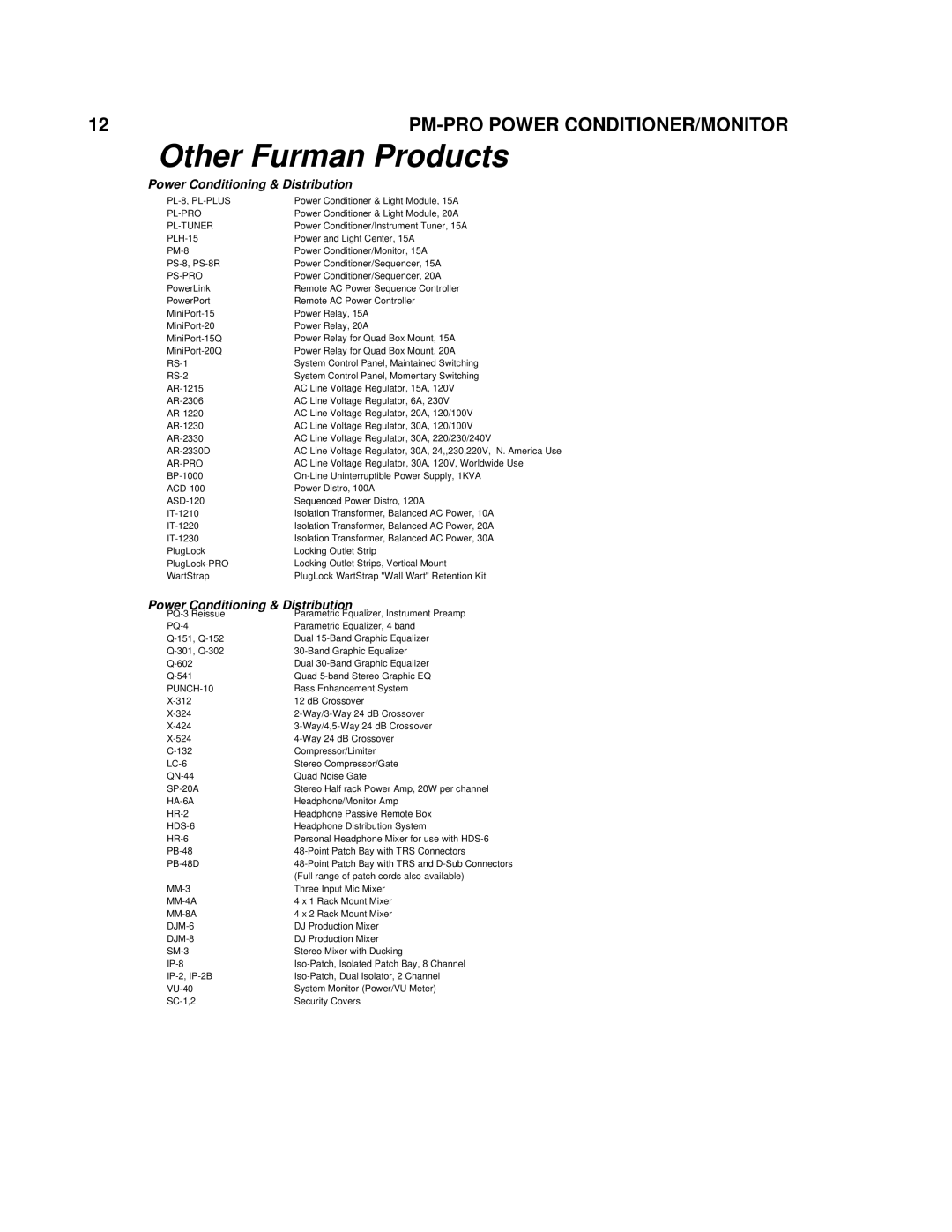 Furman Sound PM-PRO-E owner manual Other Furman Products, Power Conditioning & Distribution 