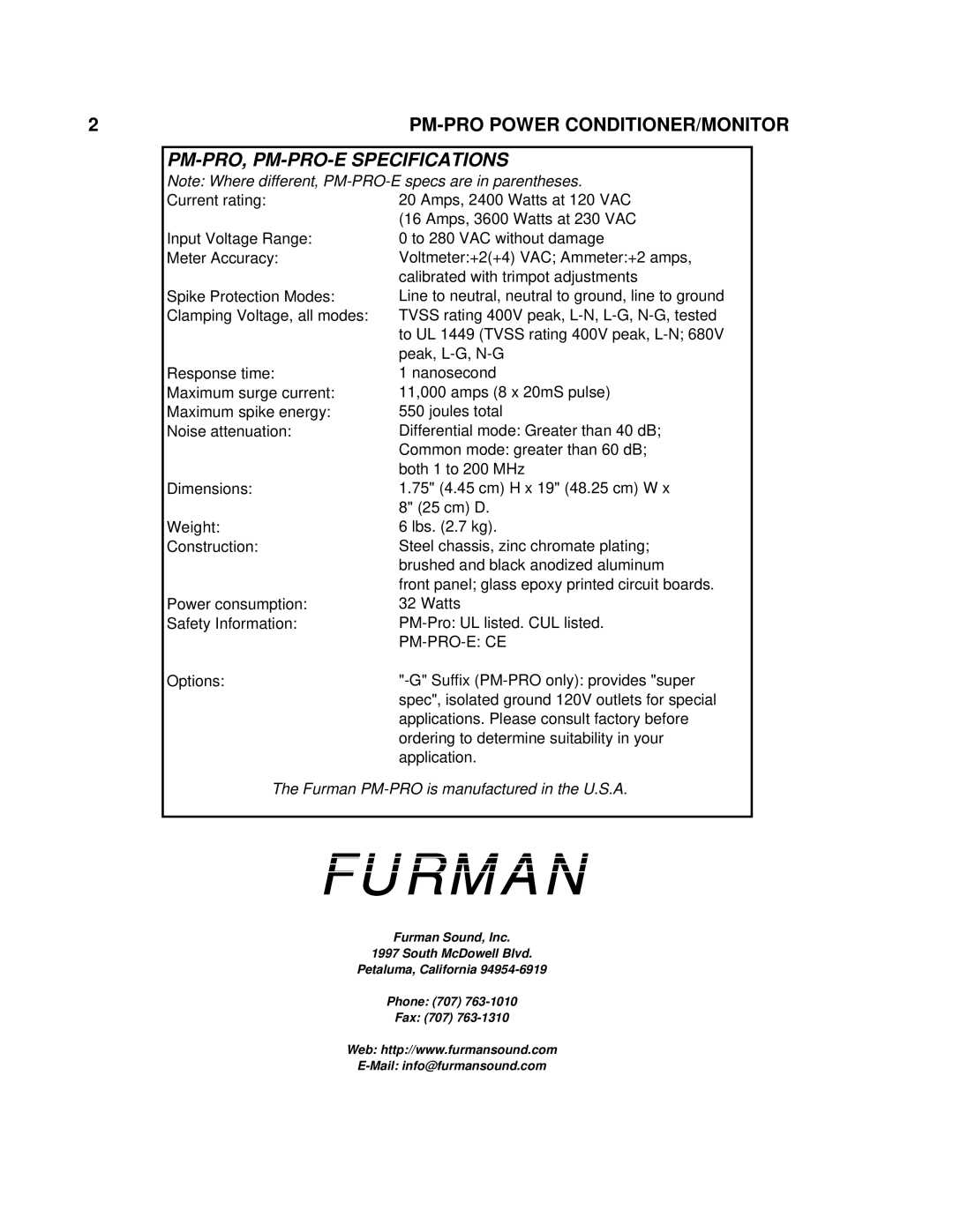 Furman Sound PM-PRO-E owner manual Furman 