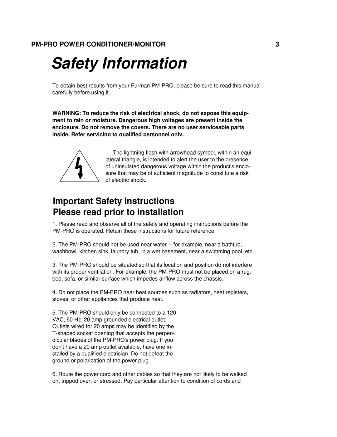 Furman Sound PM-PRO-E owner manual Safety Information 