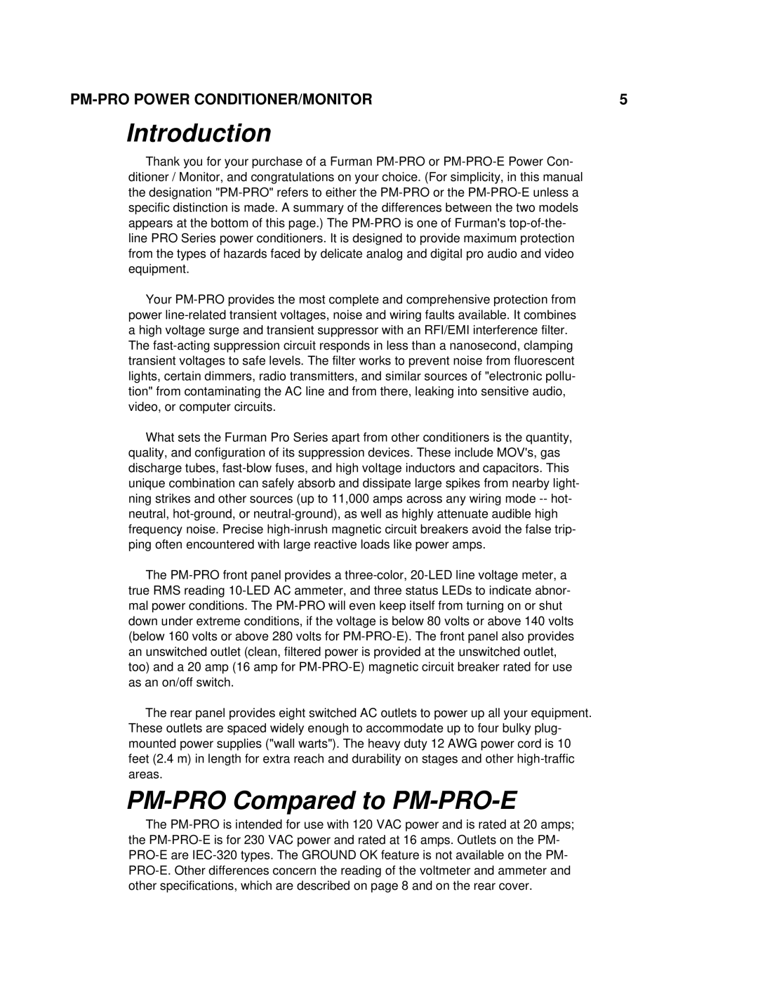 Furman Sound owner manual Introduction, PM-PRO Compared to PM-PRO-E 