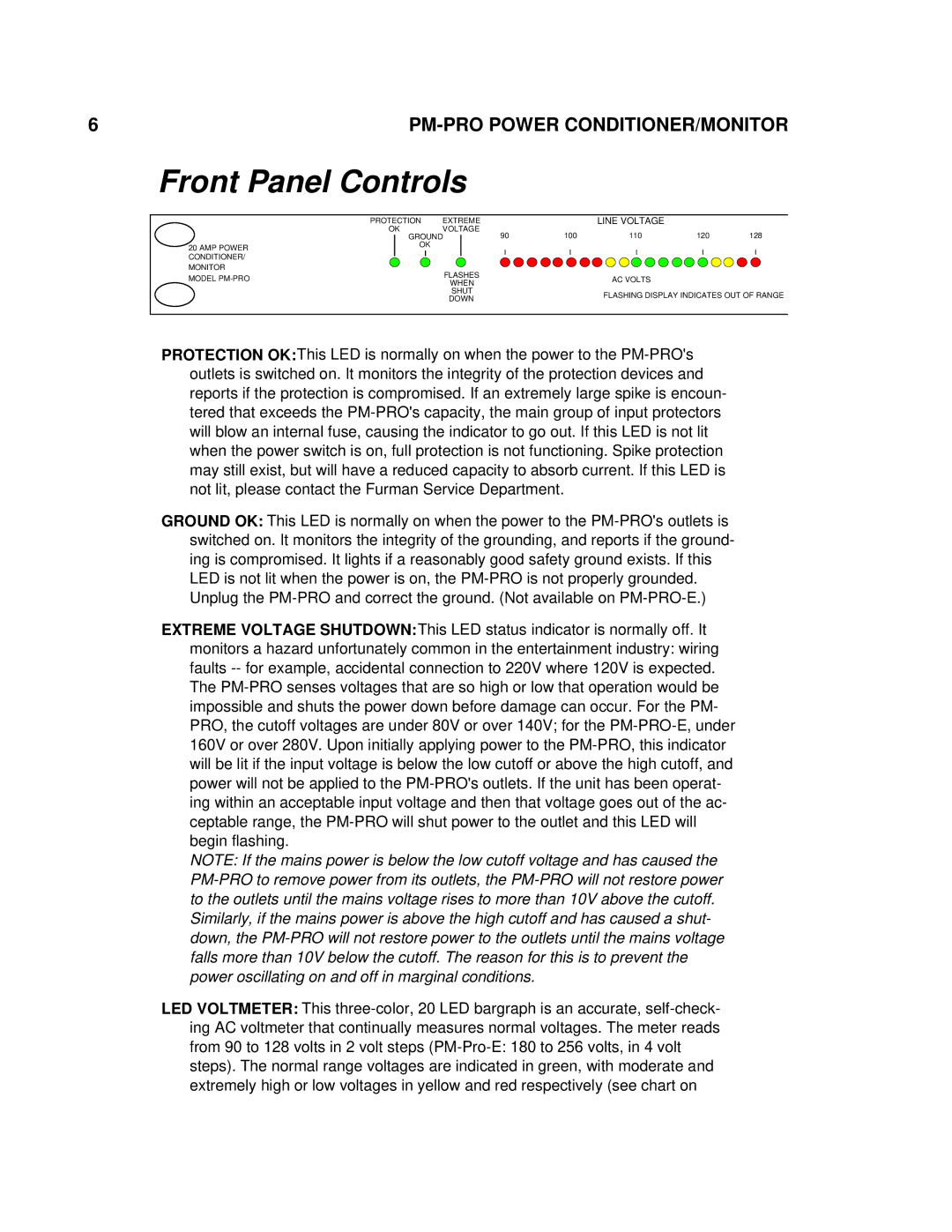 Furman Sound PM-PRO-E owner manual Front Panel Controls, Line Voltage 