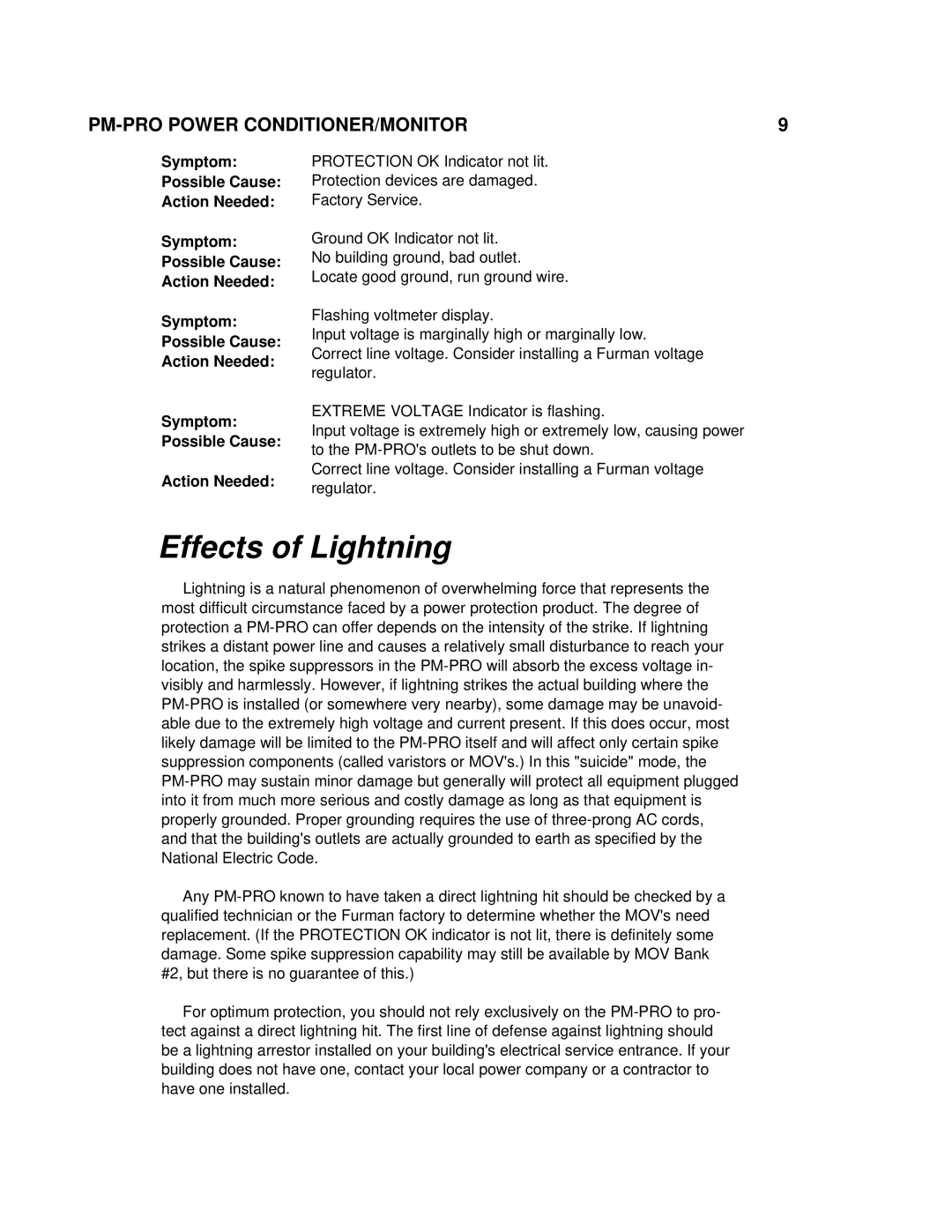 Furman Sound PM-PRO-E owner manual Effects of Lightning, Symptom Possible Cause Action Needed 