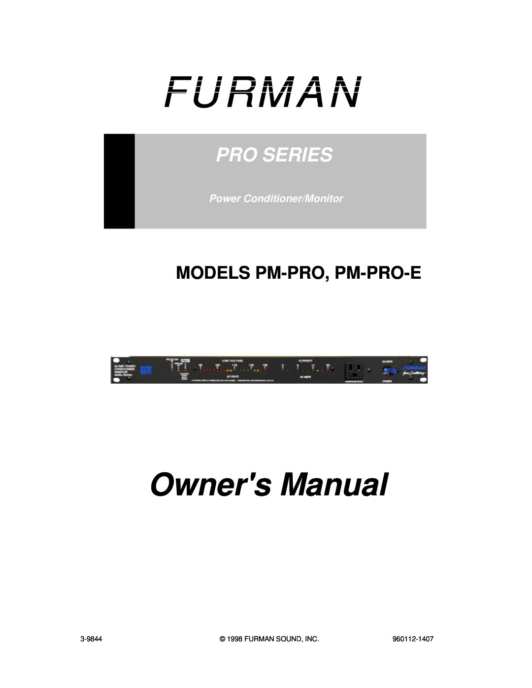 Furman Sound PM-PRO owner manual Owners Manual, Furman, Pro Series, Models Pm-Pro, Pm-Pro-E, Power Conditioner/Monitor 