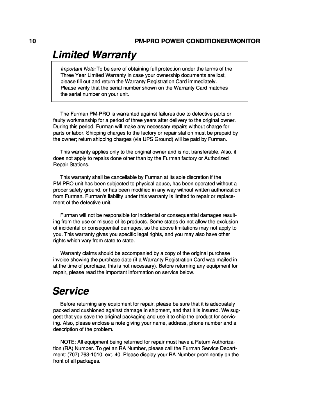 Furman Sound PM-PRO-E owner manual Limited Warranty, Service, Pm-Pro Power Conditioner/Monitor 