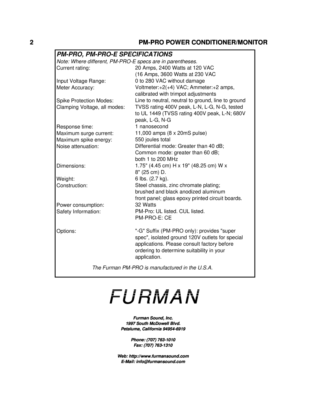 Furman Sound Furman, Pm-Pro Power Conditioner/Monitor, Note Where different, PM-PRO-E specs are in parentheses 