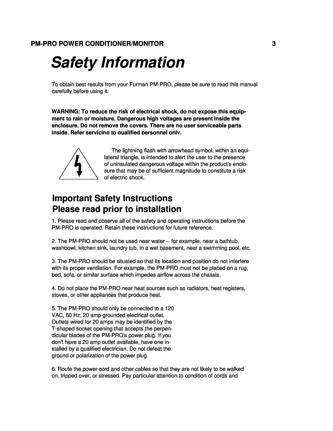 Furman Sound PM-PRO-E owner manual Safety Information, Important Safety Instructions Please read prior to installation 