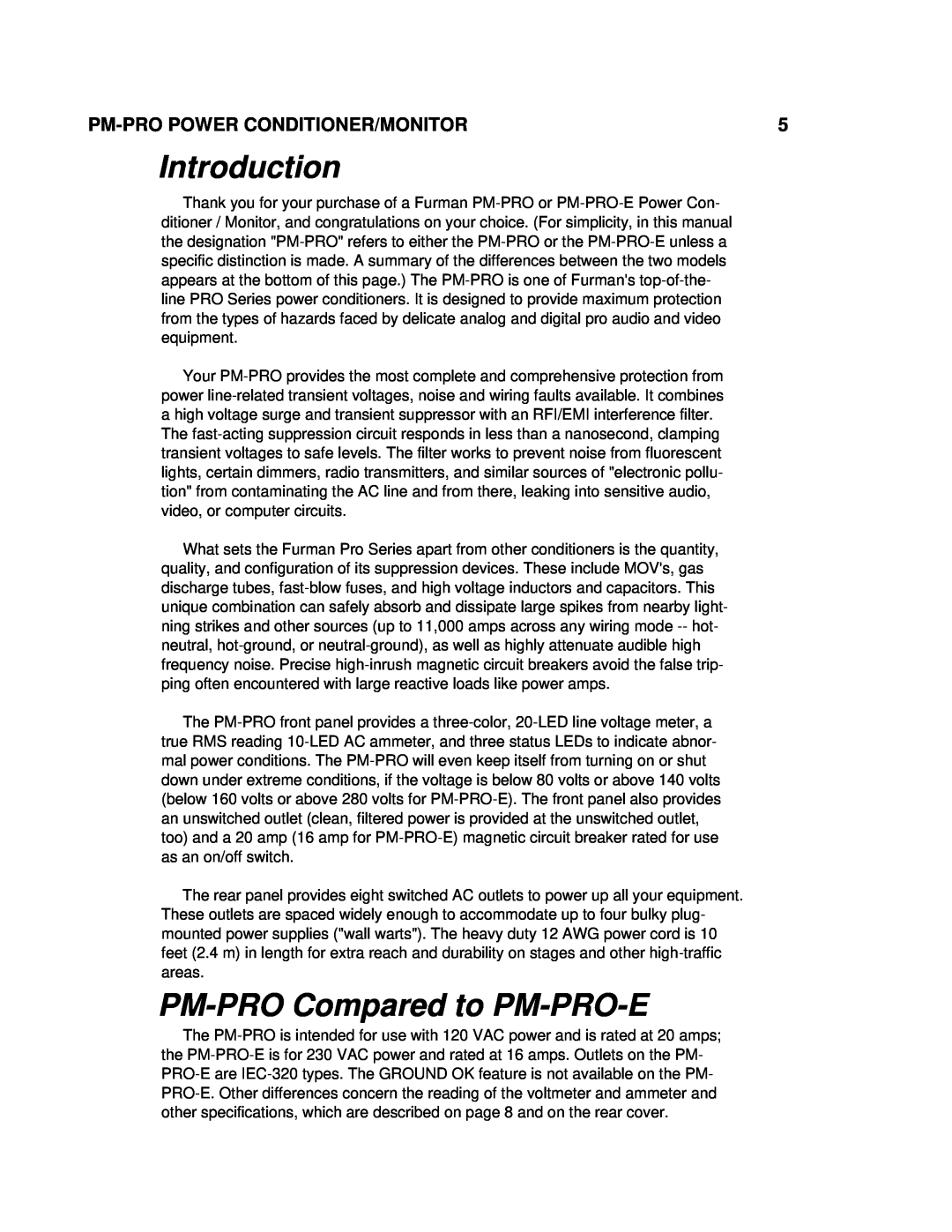 Furman Sound owner manual Introduction, PM-PRO Compared to PM-PRO-E, Pm-Pro Power Conditioner/Monitor 