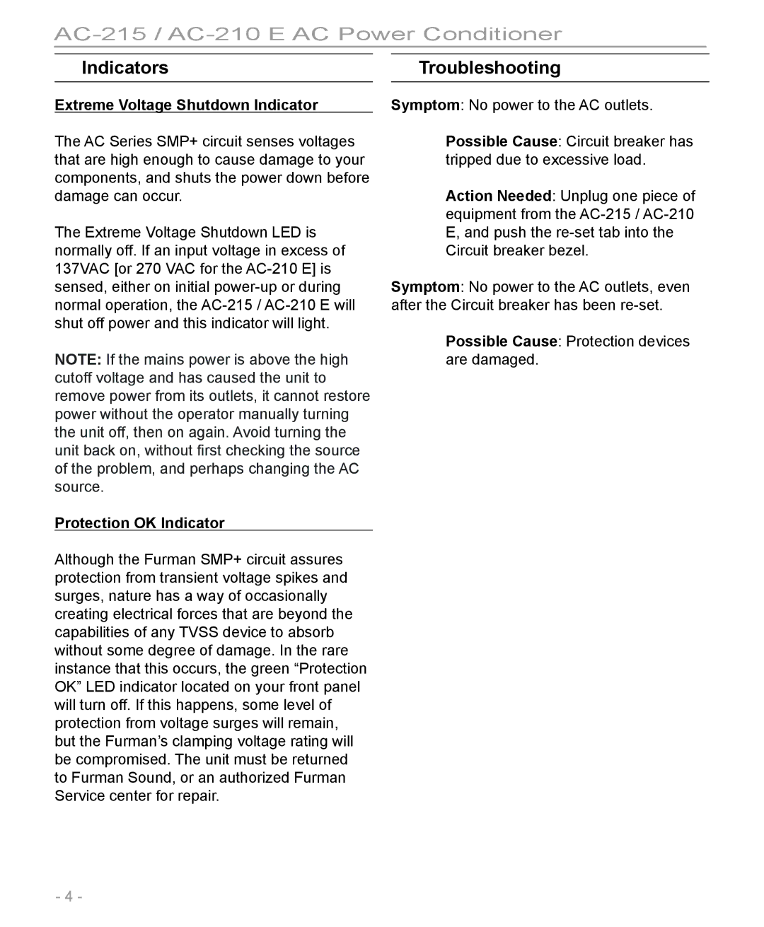 Furman Sound pmn manual Indicators, Extreme Voltage Shutdown Indicator, Protection OK Indicator 