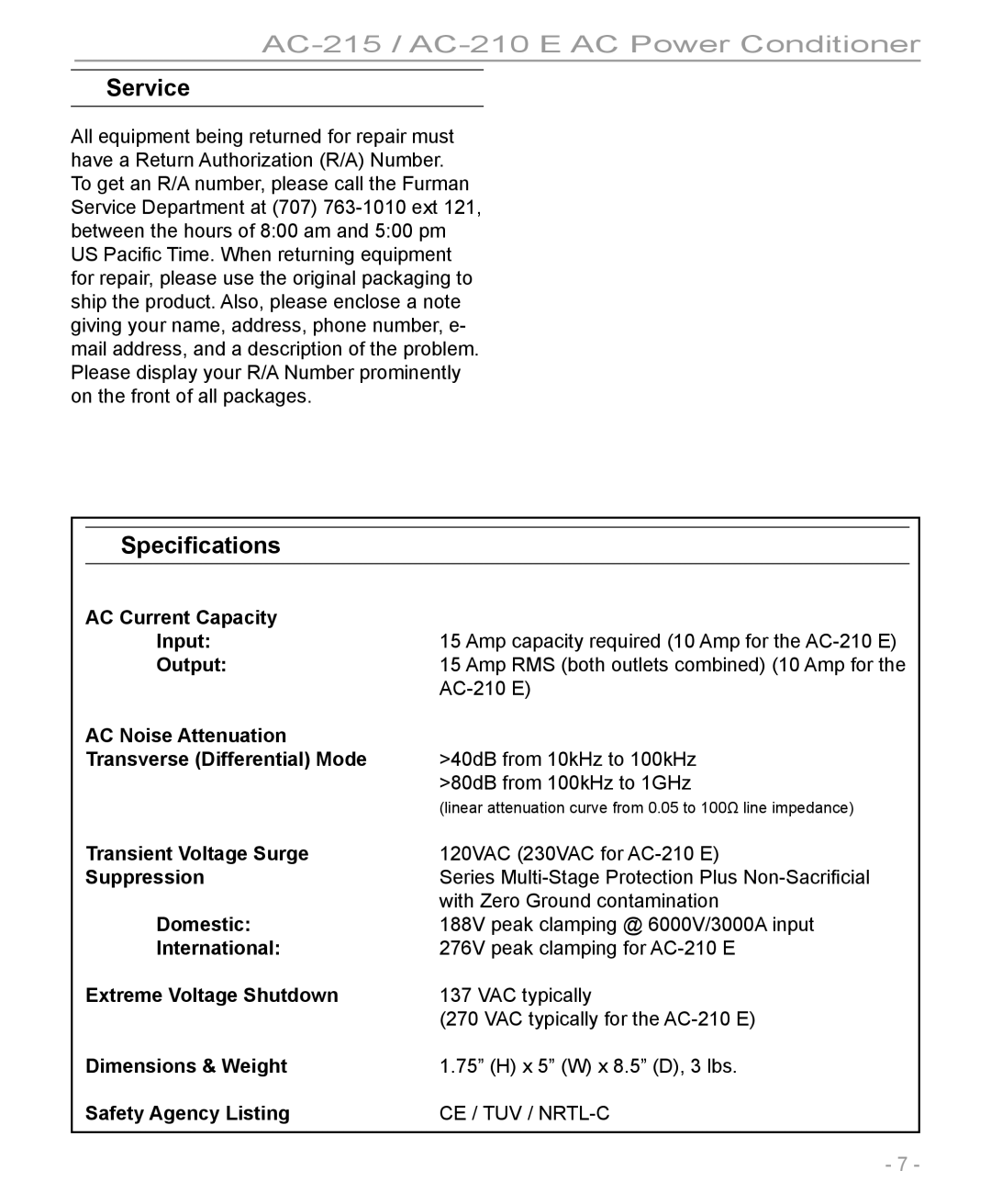 Furman Sound pmn manual Service, Speciﬁcations 