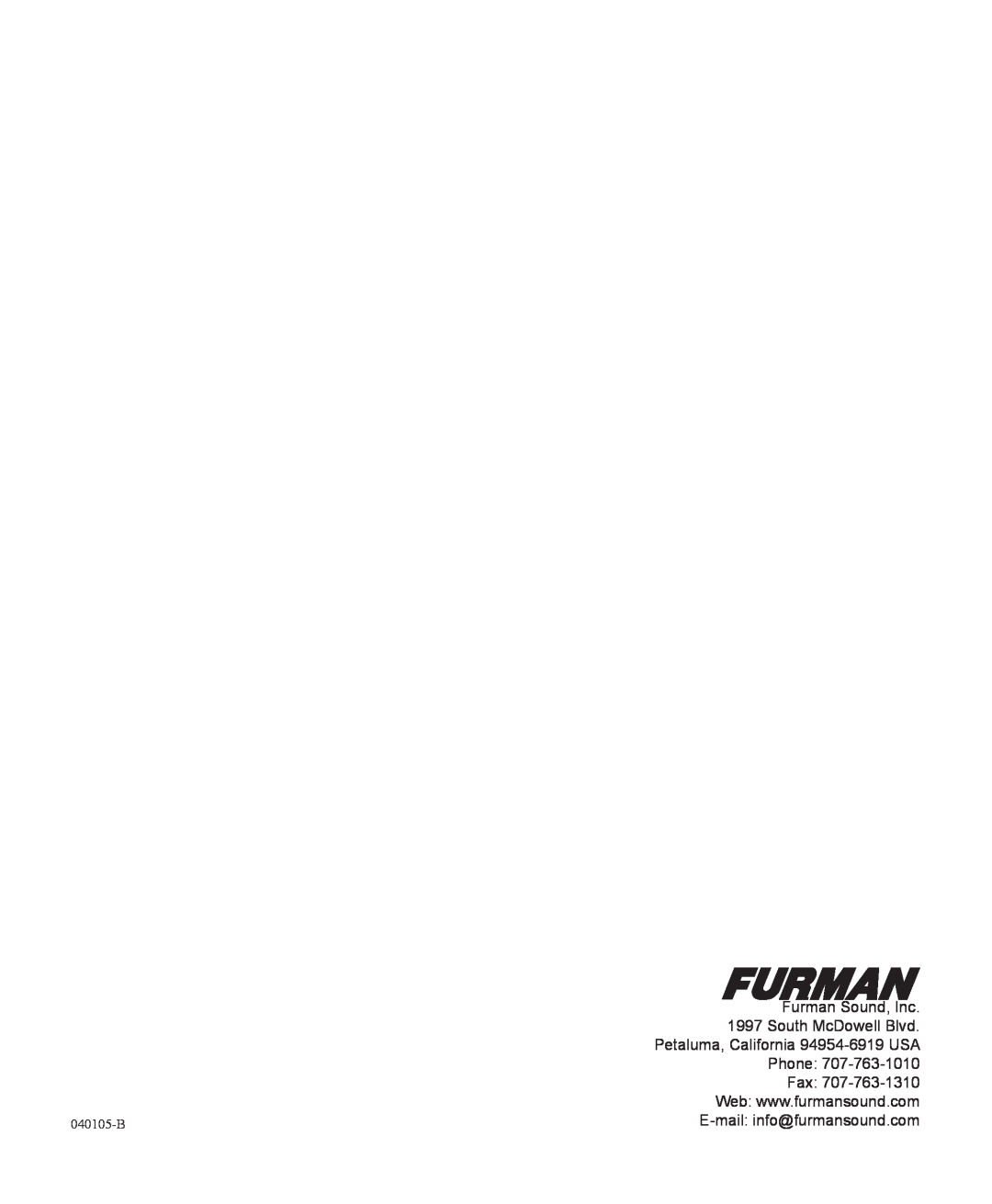 Furman Sound pmn manual Furman Sound, Inc, South McDowell Blvd, Petaluma, California 94954-6919USA, Phone, Fax, 040105-B 