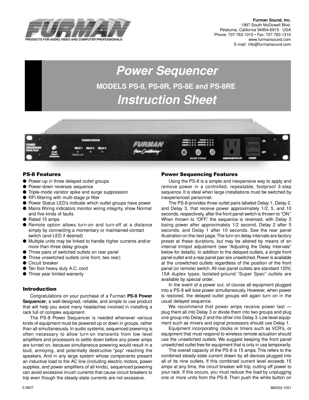 Furman Sound PS-8E, PS-8RE instruction sheet PS-8 Features, Introduction, Power Sequencing Features 