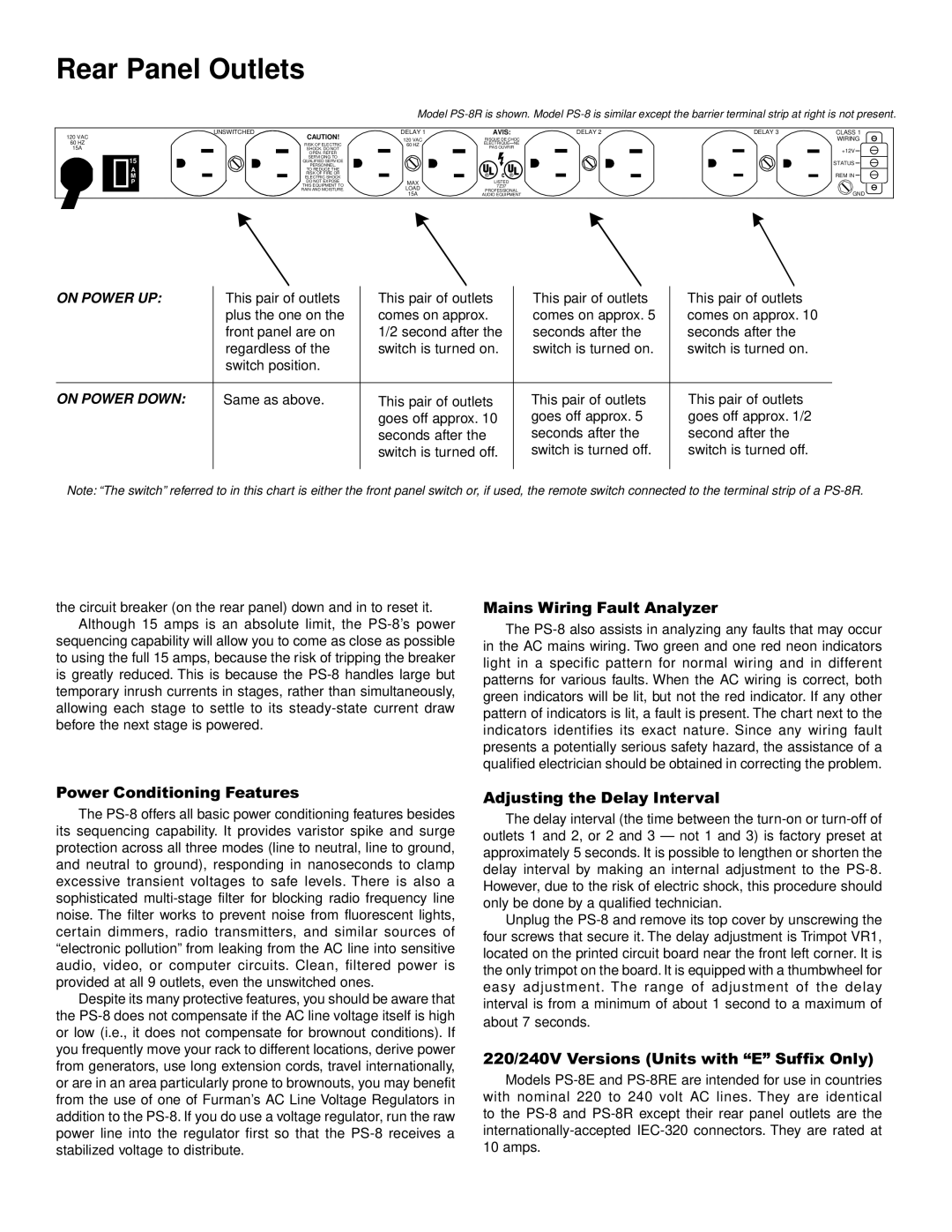 Furman Sound PS-8E, PS-8RE instruction sheet Rear Panel Outlets, Mains Wiring Fault Analyzer, Power Conditioning Features 