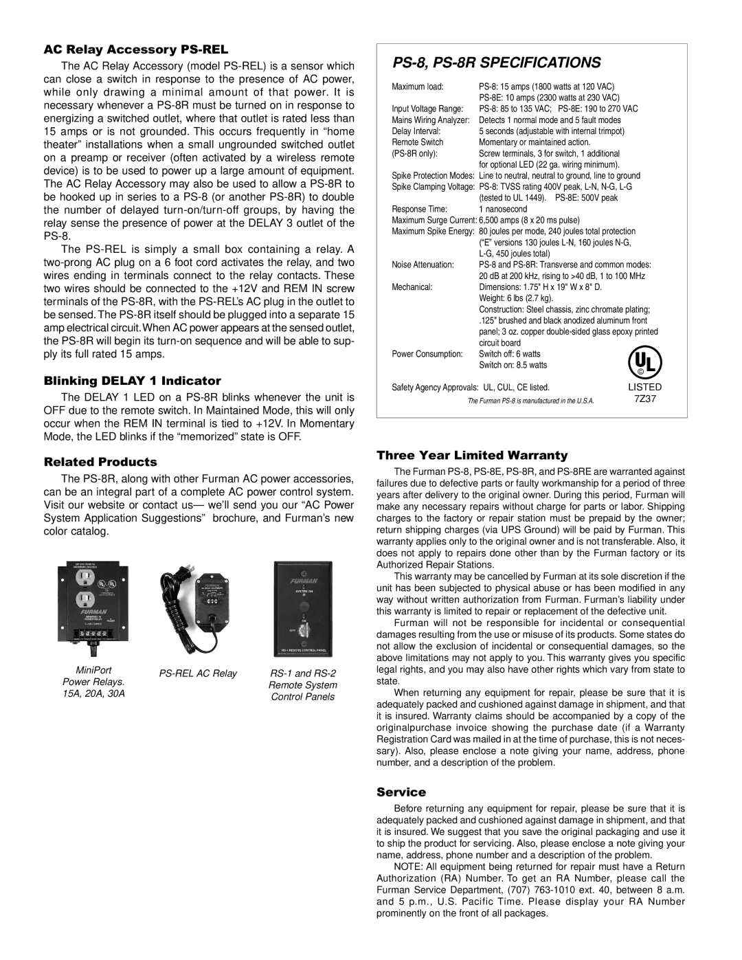 Furman Sound PS-8 AC Relay Accessory PS-REL, Blinking Delay 1 Indicator, Related Products, Three Year Limited Warranty 