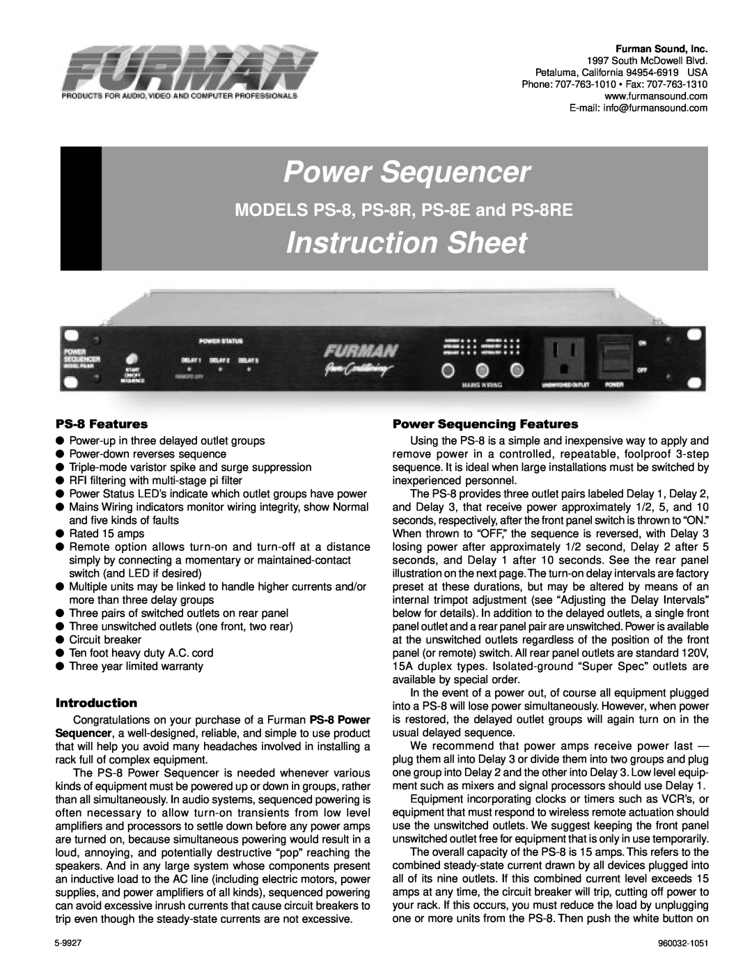 Furman Sound PS-8E, PS-8RE instruction sheet PS-8 Features, Introduction, Power Sequencing Features, Power Sequencer 