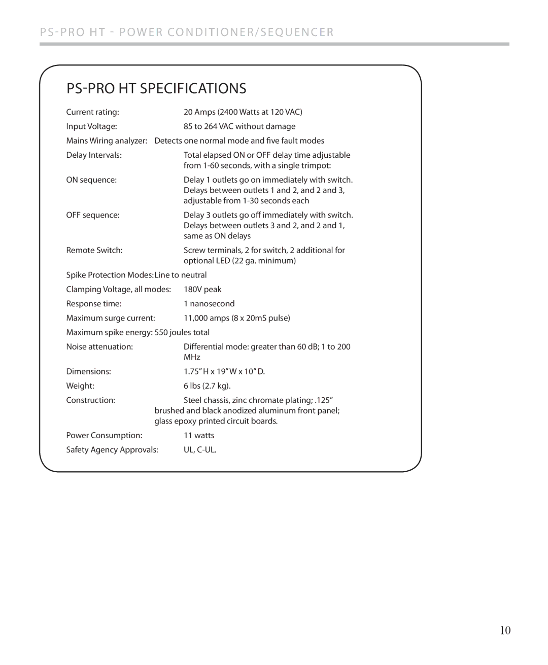 Furman Sound owner manual PS-PRO HT Specifications 