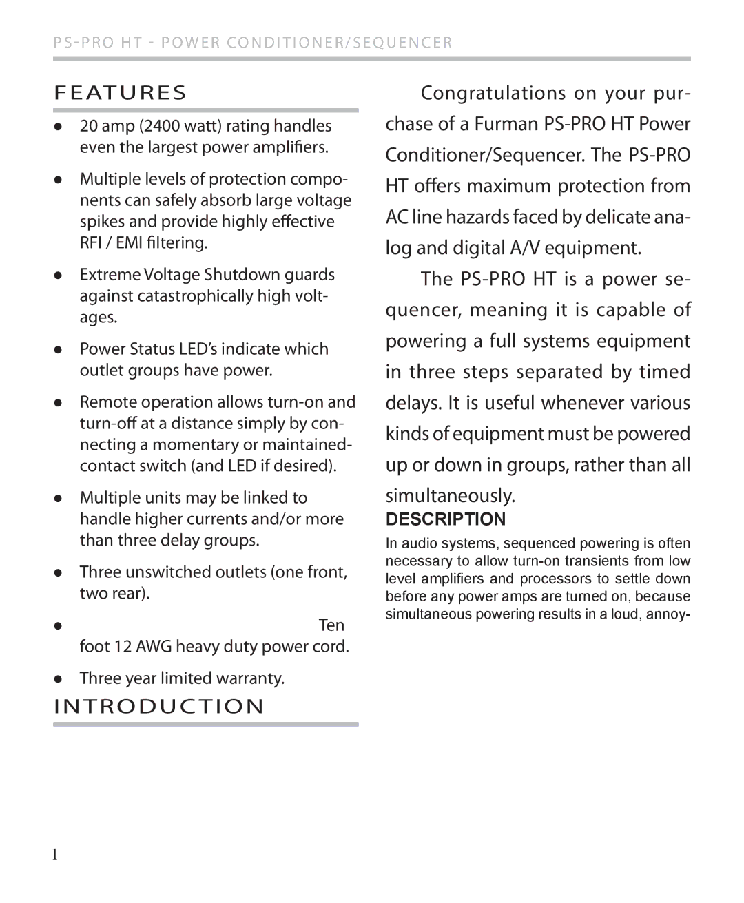 Furman Sound PS-PRO HT owner manual Features, Introduc Tion 