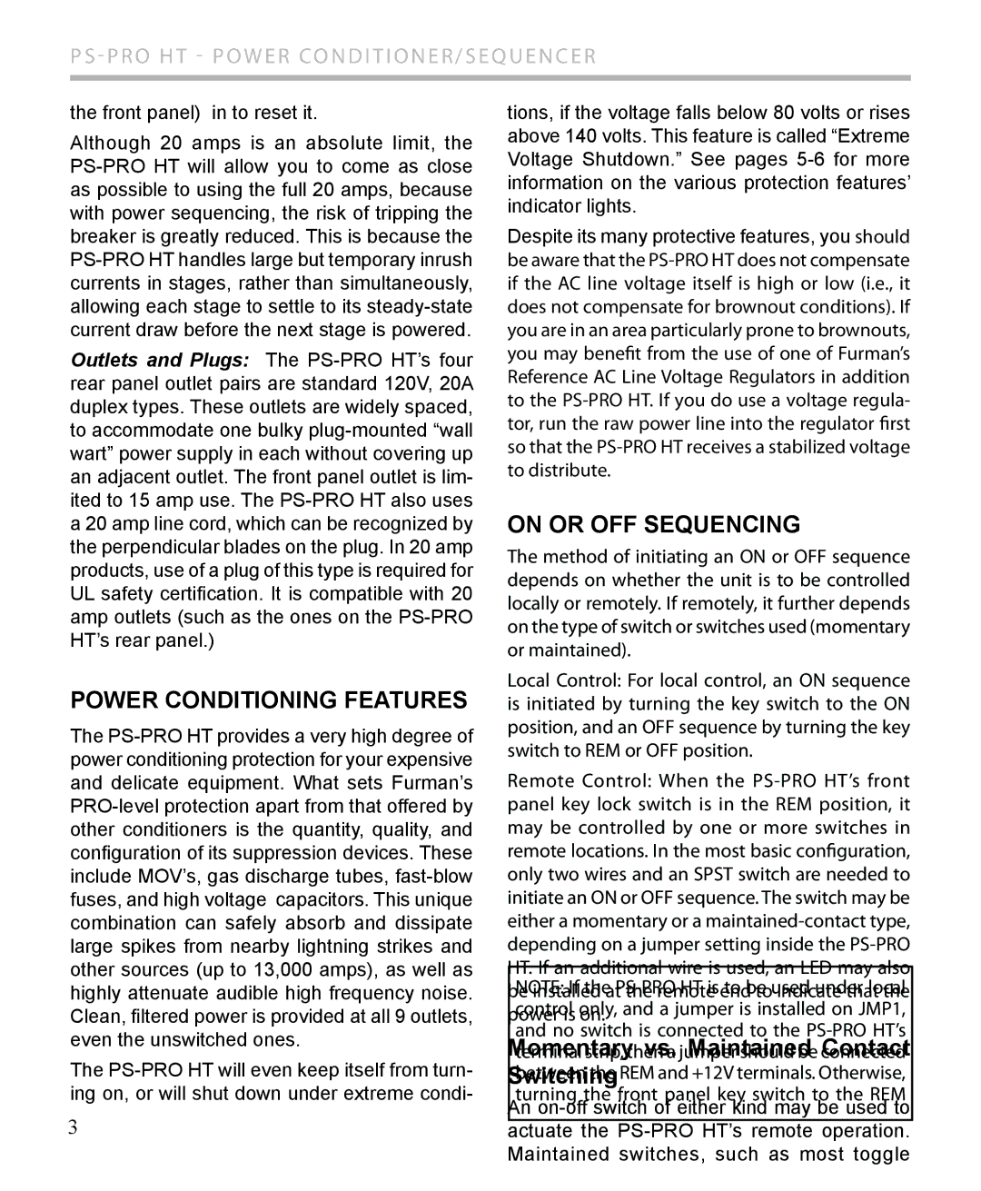 Furman Sound PS-PRO HT owner manual Momentary vs. Maintained Contact, Switching 