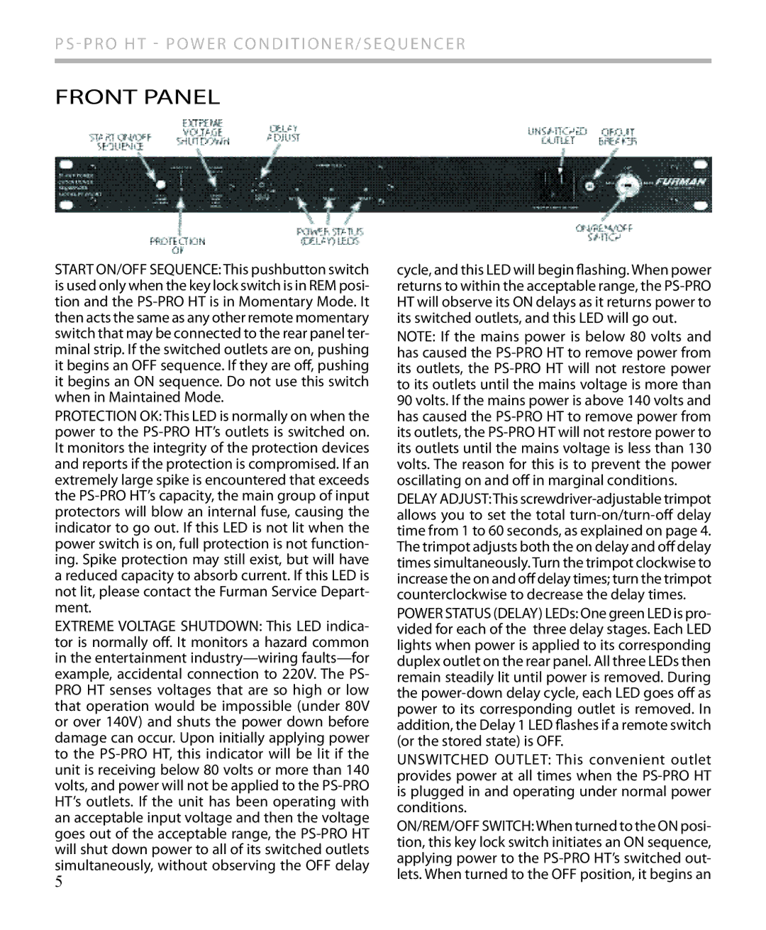 Furman Sound PS-PRO HT owner manual Front Panel 