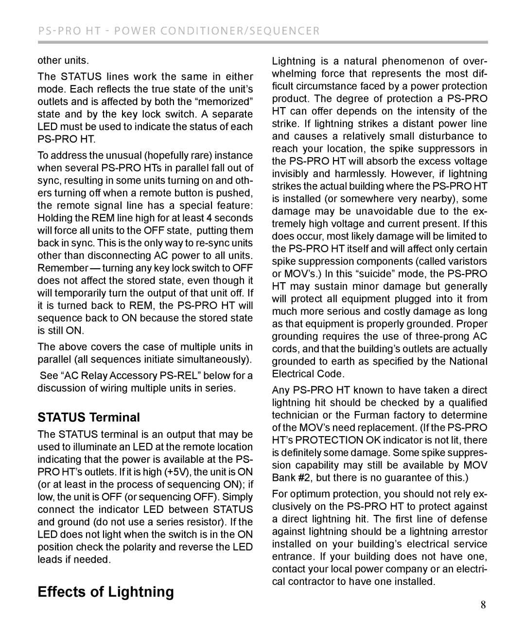 Furman Sound PS-PRO HT owner manual Effects of Lightning, Status Terminal 