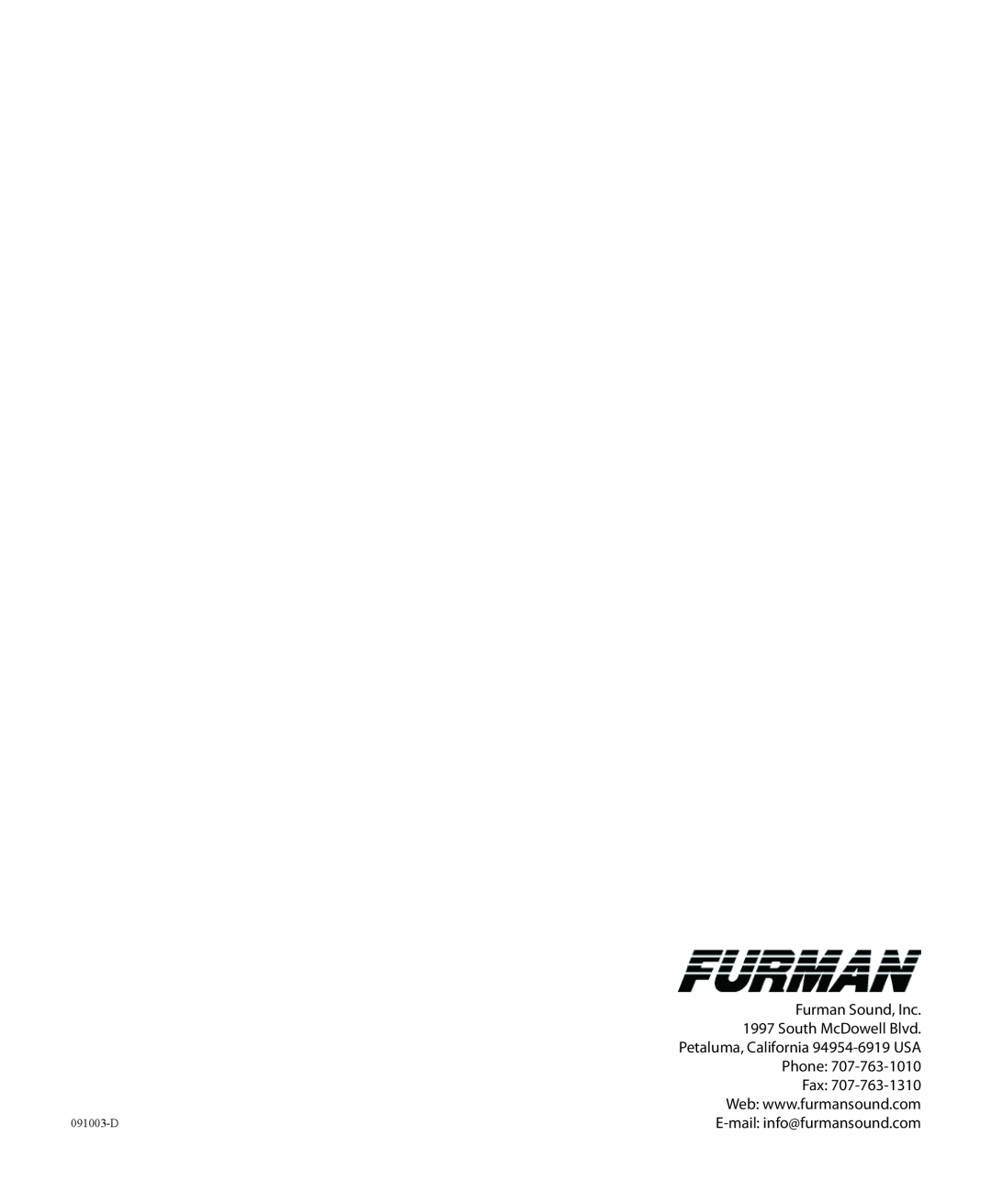Furman Sound PS-PRO HT owner manual Furman Sound, Inc, South McDowell Blvd, Phone, E-mail info@furmansound.com, 091003-D 