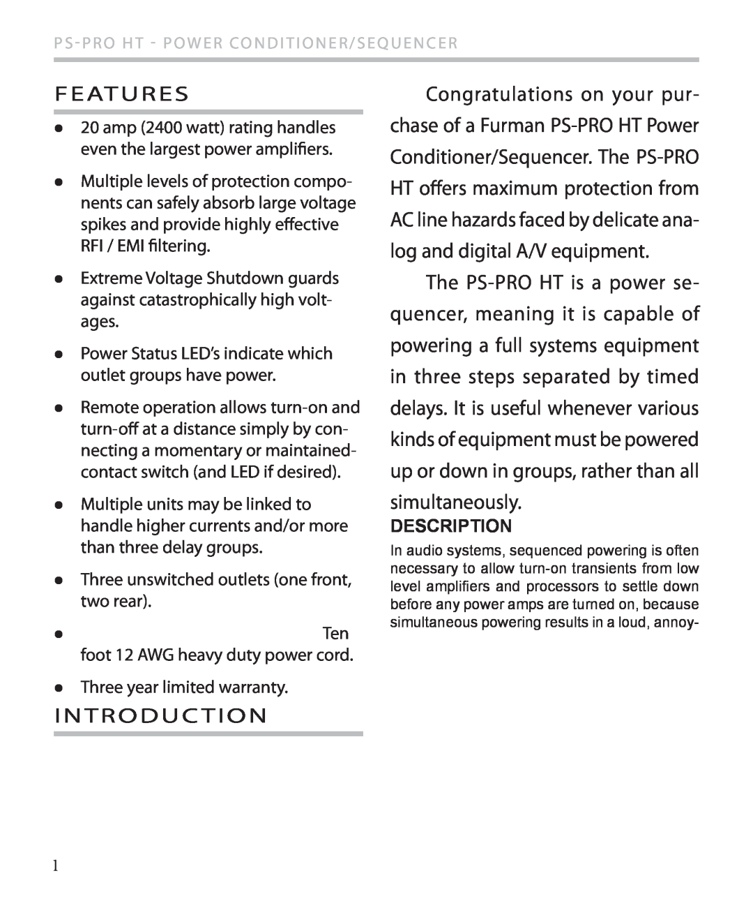 Furman Sound PS-PRO HT owner manual Features, Introduc Tion, Description 