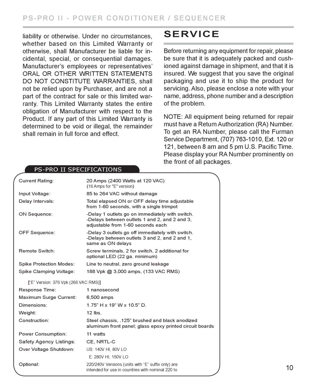 Furman Sound PS-PRO II manual Service, Ce, Nrtl-C 