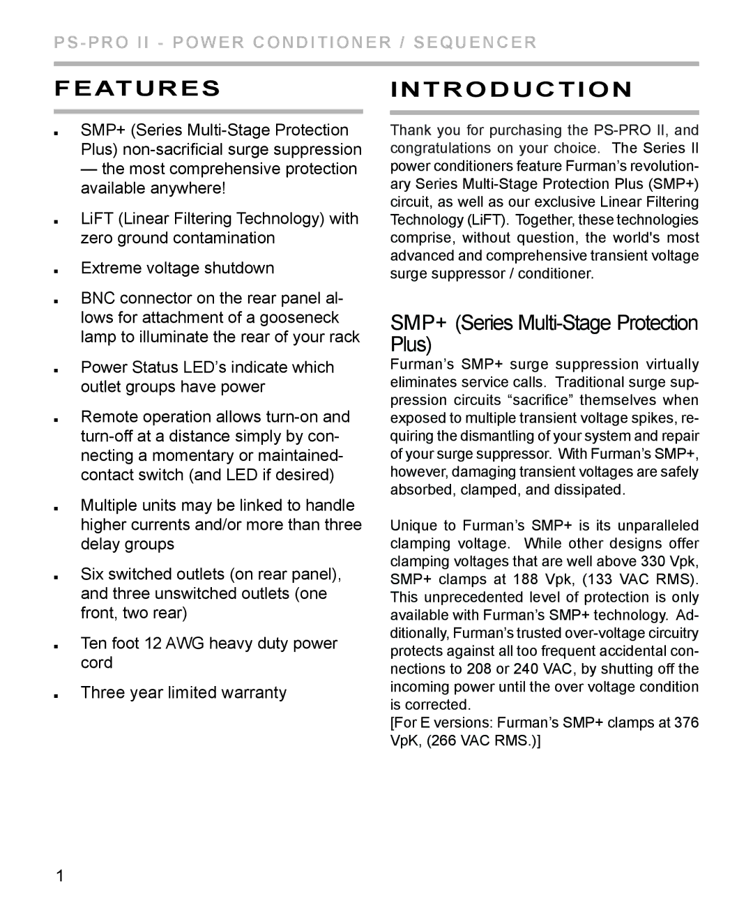 Furman Sound PS-PRO II manual Features, Introduction 