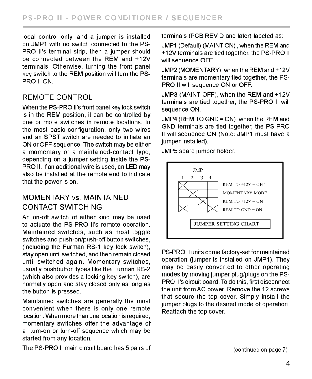 Furman Sound PS-PRO II manual Remote control, Momentary vs. maintained contact switching 