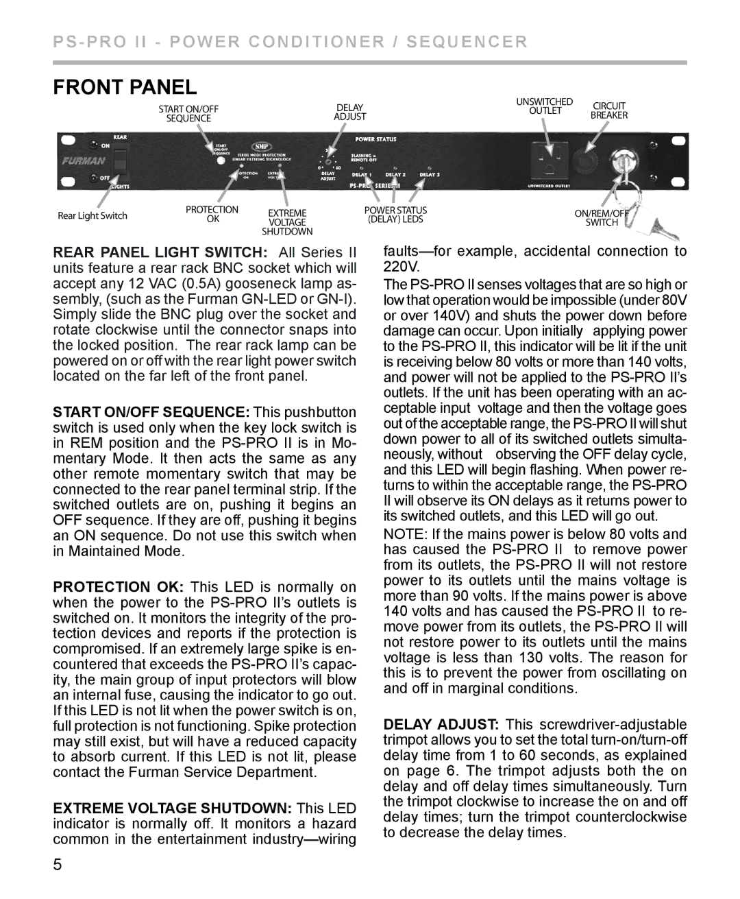 Furman Sound PS-PRO II manual Front Panel, Faults-for example, accidental connection to 