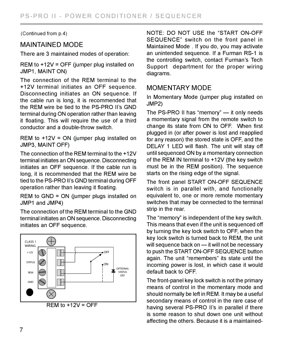 Furman Sound PS-PRO II manual Maintained Mode, Momentary Mode 