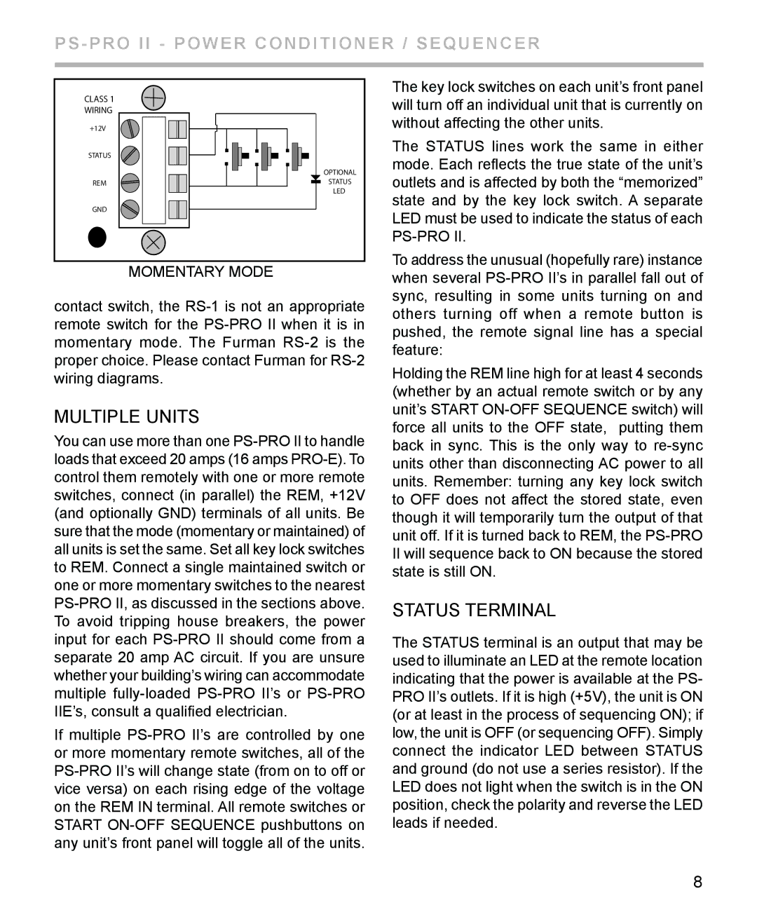 Furman Sound PS-PRO II manual Multiple units, Status terminal 